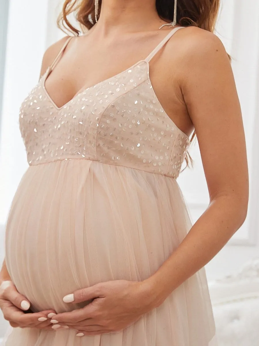 Sequin Spaghetti Strap A-Line Tulle Formal Maternity Dress