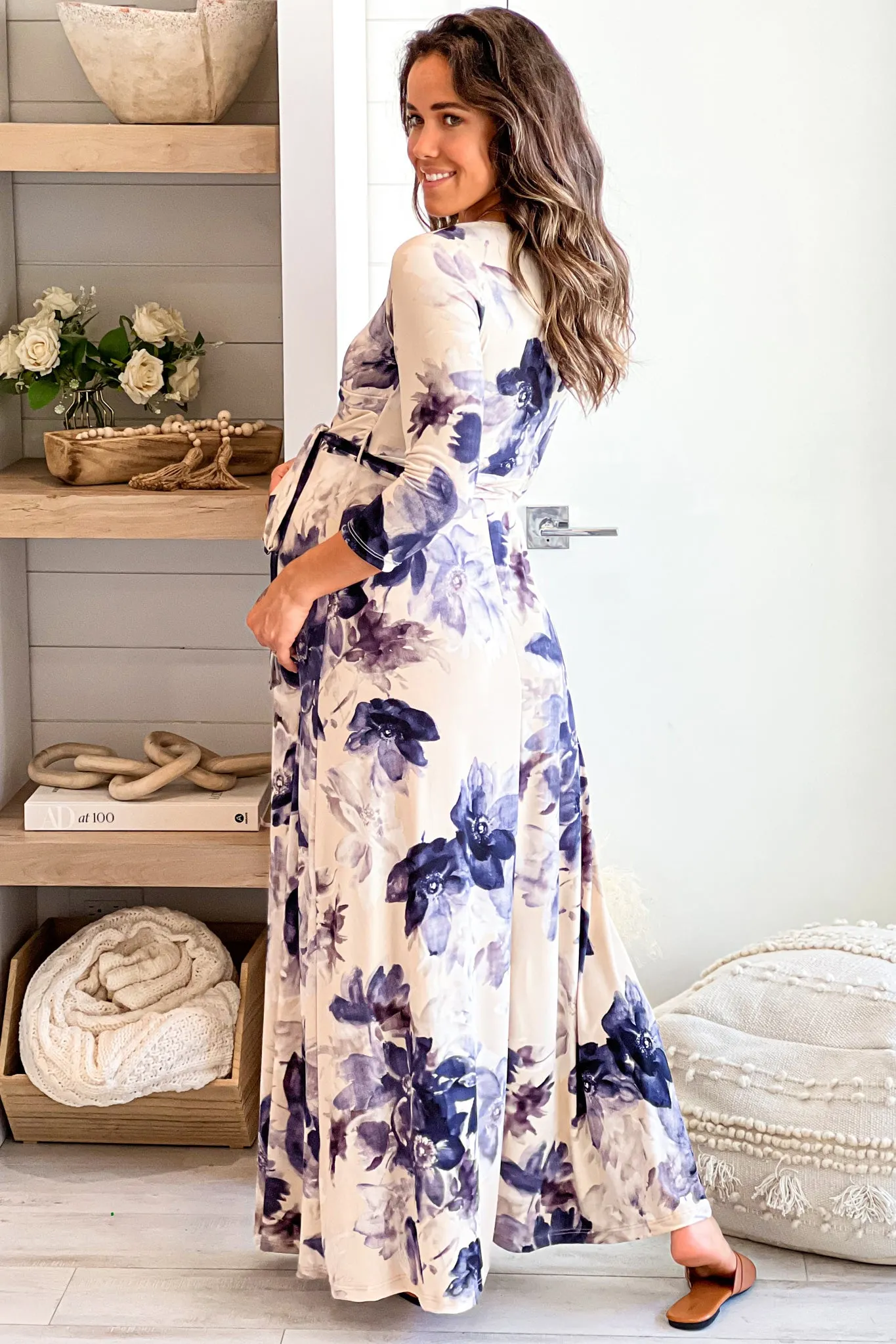 Taupe Floral Maternity Maxi Dress with Tie Front