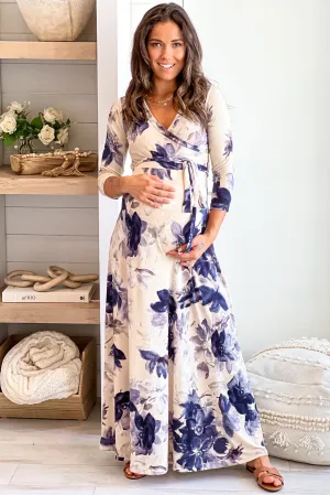 Taupe Floral Maternity Maxi Dress with Tie Front