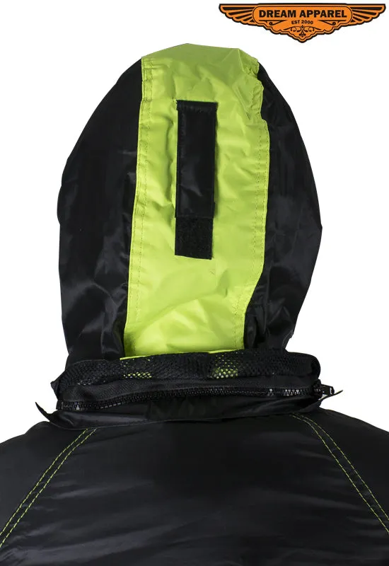 Two-Piece Black & Fluorescent Rain Suit With Zippered Side Seams