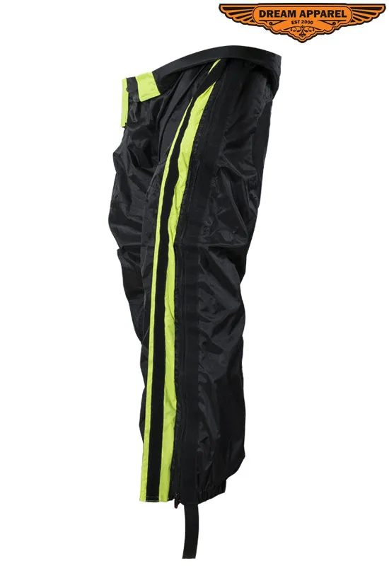 Two-Piece Black & Fluorescent Rain Suit With Zippered Side Seams