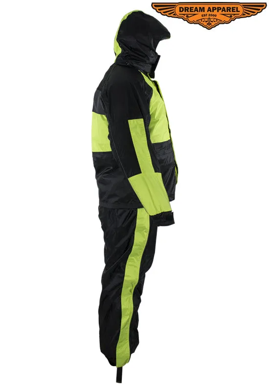 Two-Piece Black & Fluorescent Rain Suit With Zippered Side Seams