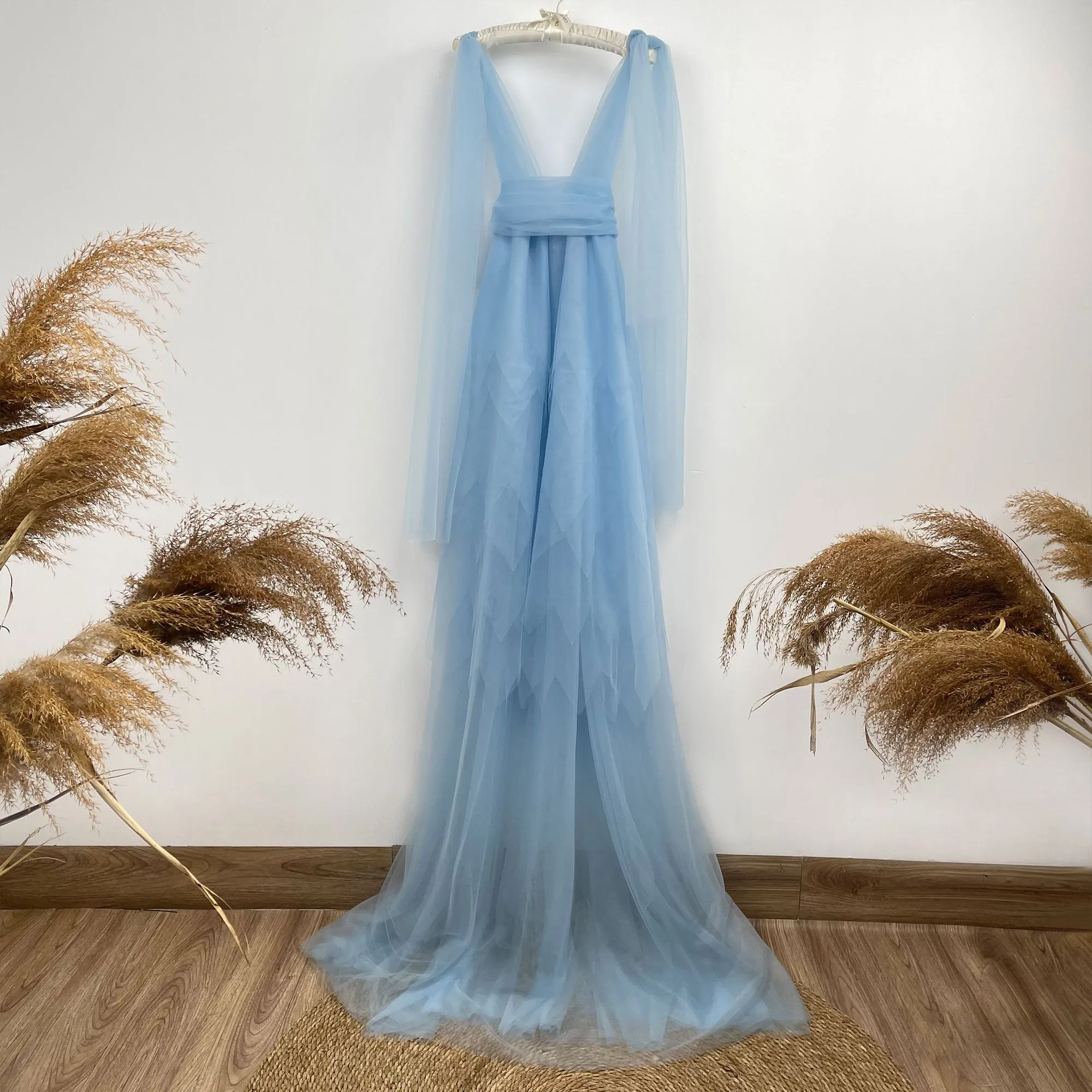 V-neck Tulle Gown-Sky Blue