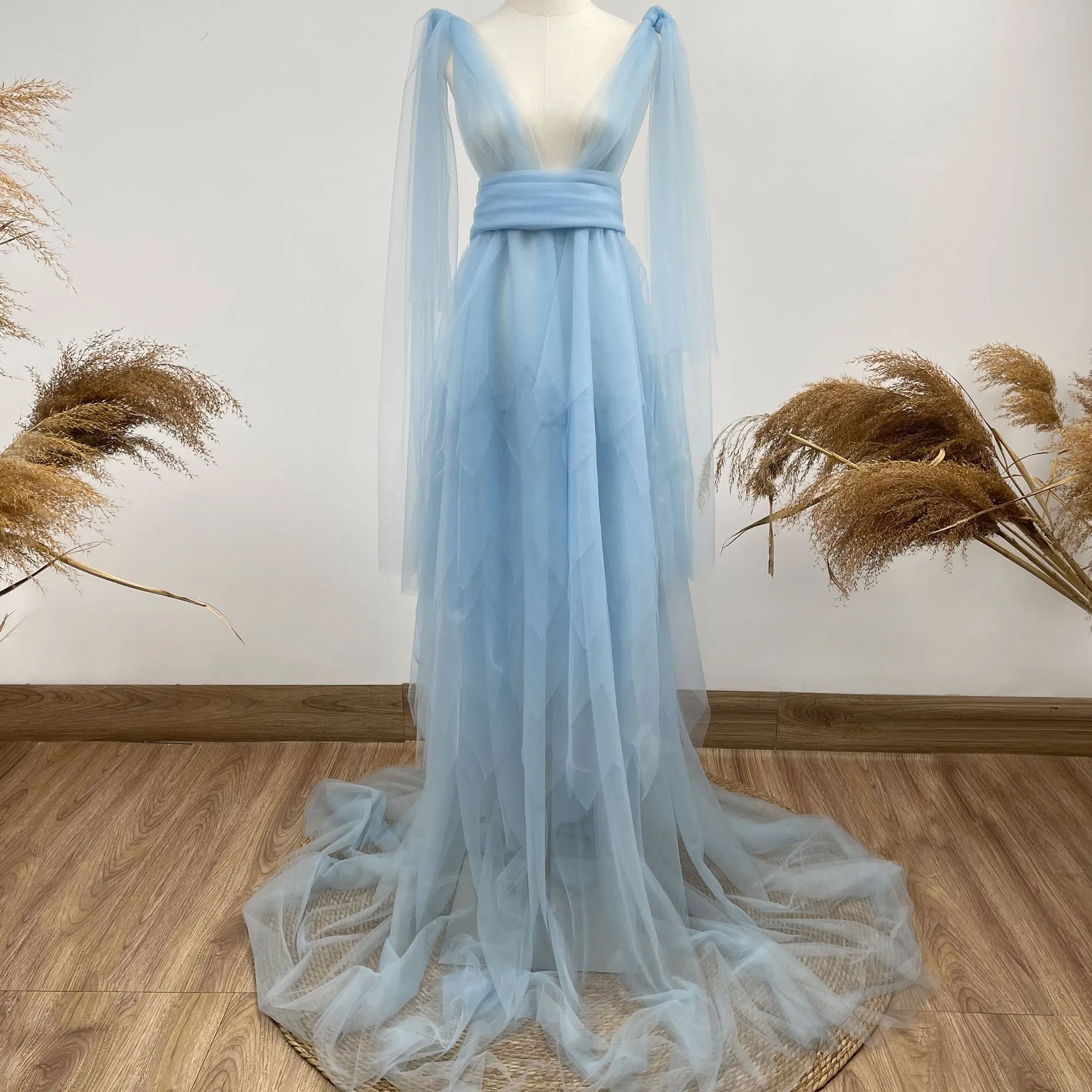 V-neck Tulle Gown-Sky Blue