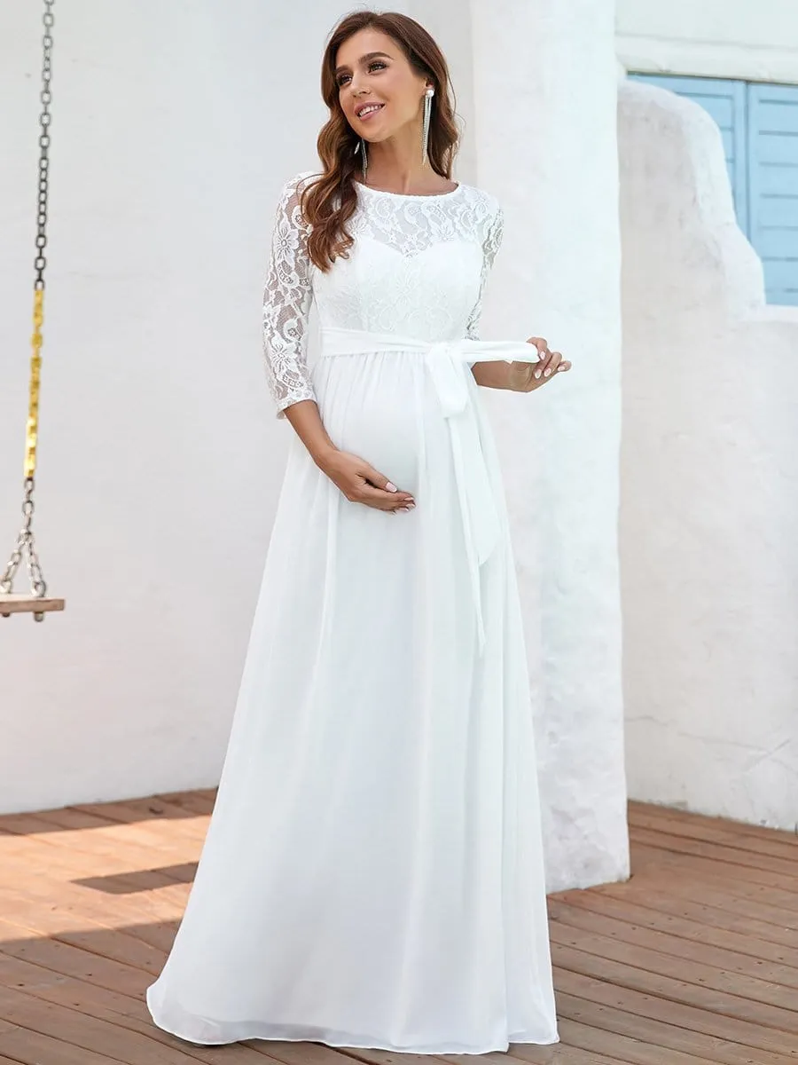 Vintage Style Lace Sleeve Floor-Length Maternity Dress