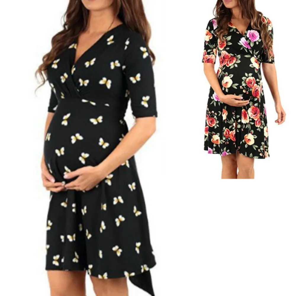 Women High-Low Surplice Wrap With Waist Belt Maternity Dress Adjustable V Neck Nursing Dress Breastfeeding Pregnant Clothes